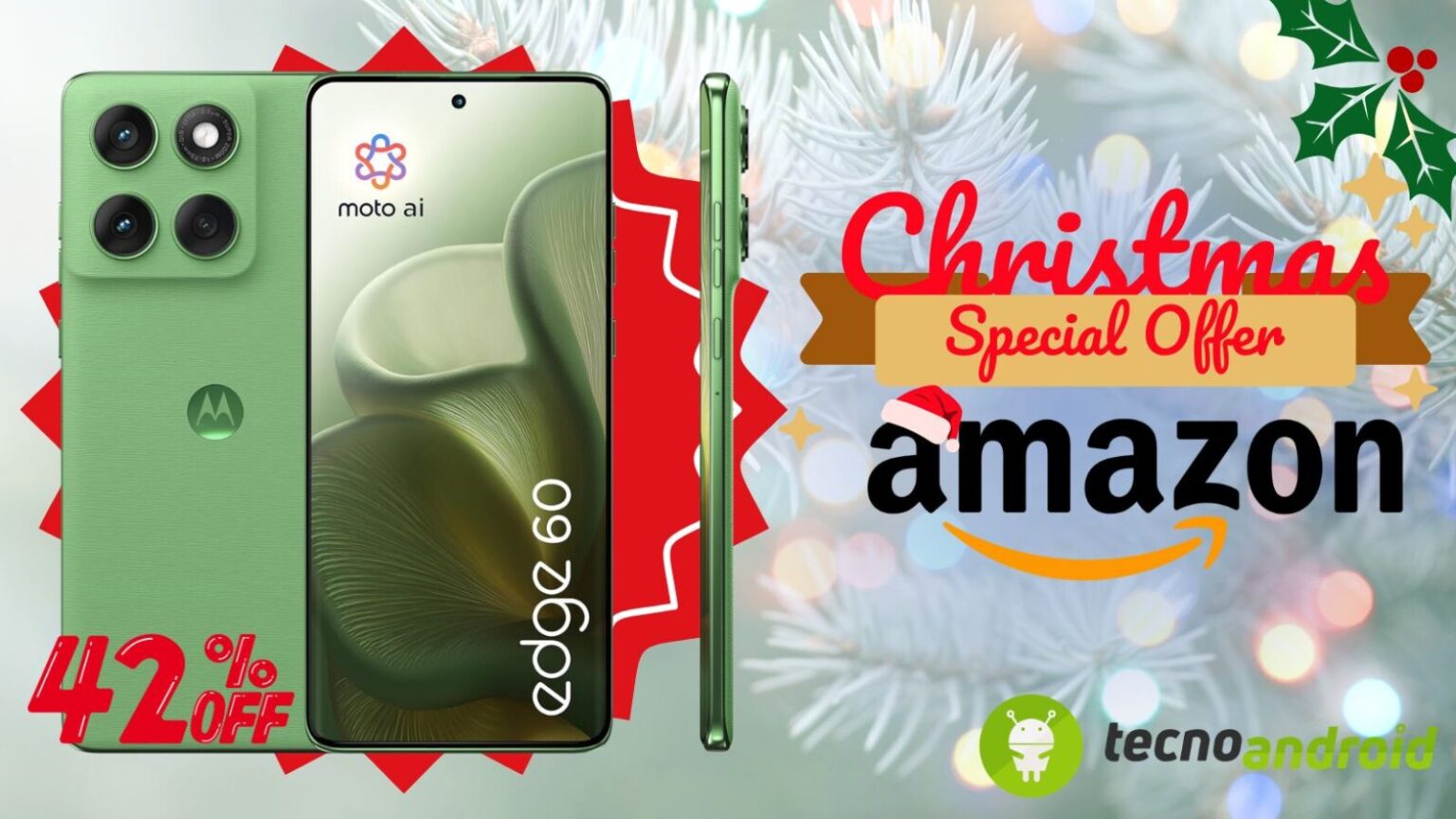 amazon. Fotografia di un telefono Motorola con fotocamere multiple e schermo grande, promozione speciale di Natale su Amazon con sconto del 42%, annunciato da TecnoAndroid.