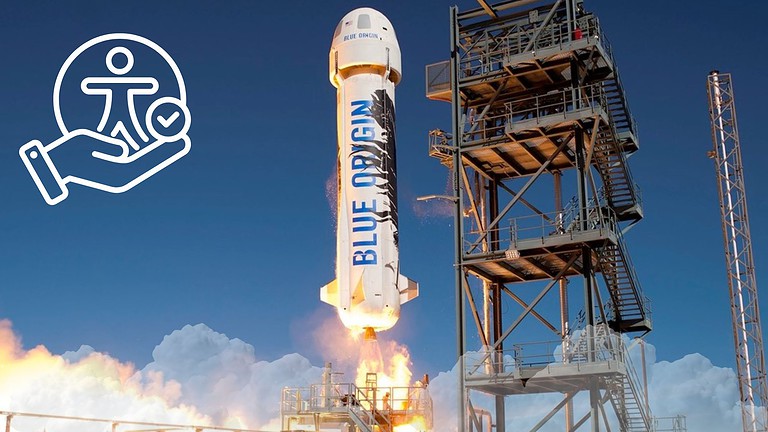Immagine di un razzo Blue Origin che decolla verso il cielo azzurro con strutture di supporto sullo sfondo.