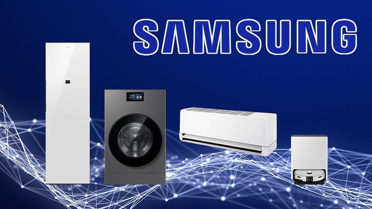 samsung Dispositivi elettronici per casa intelligente, tra cui ventilatori, robot aspirapolvere, condizionatori e elettrodomestici high-tech, ottimizzando comfort e innovazione domestica.