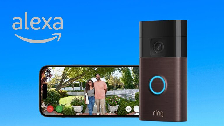 alexa Alt text: Dispositivo Ring per videocitofono con telecamera e funzionalità smart home, compatibile con Alexa, mostrato accanto a uno smartphone con video chiamata in corso.