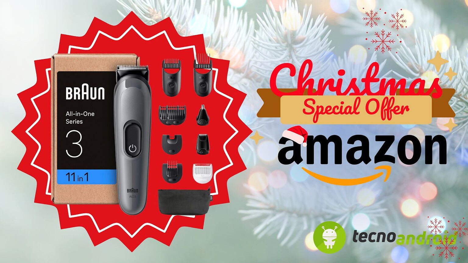 Regolabarba Braun 11 in 1 con accessori per taglio e rasatura, perfetto come regalo natalizio su Amazon, ideale per uomini che amano uno stile impeccabile durante le festività.