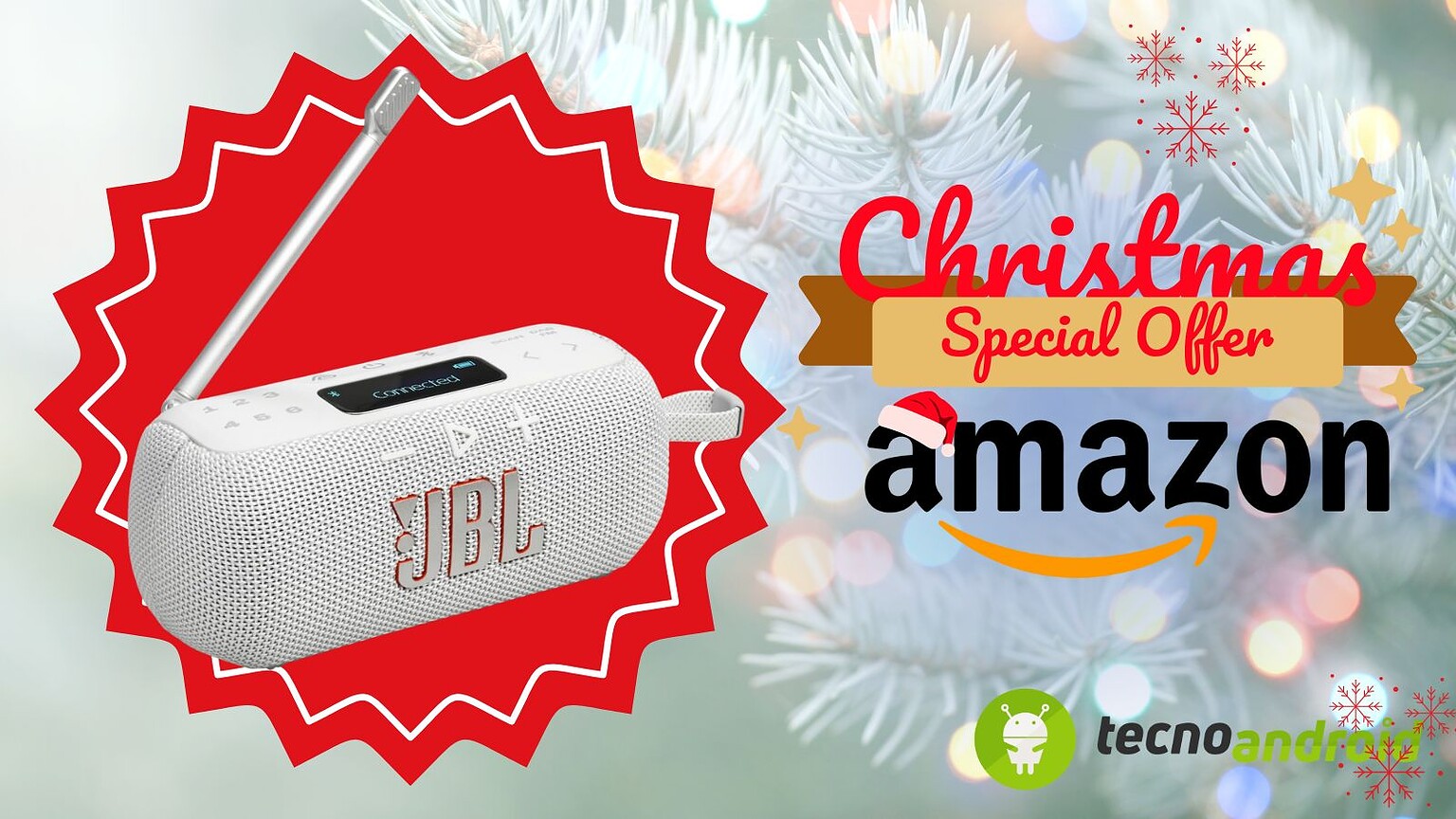 amazon Diffusore JBL per feste di Natale con connettività Bluetooth, perfetto regalo di Natale, promozione Amazon, audio di alta qualità, ideale per le feste invernali.