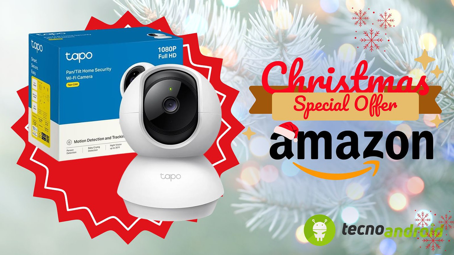 amazon tapo Foto di videocamera di sicurezza Tapo con confezione e sfondo natalizio.