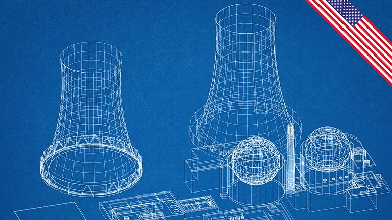 Immagine di modelli 3D di nucleare, torri di raffreddamento e componenti industriali in stile blueprint blu con dettagli tecnici e linee precise. Perfetto per articoli su energia nucleare, innovazioni tecnologiche e ingegneria avanzata.