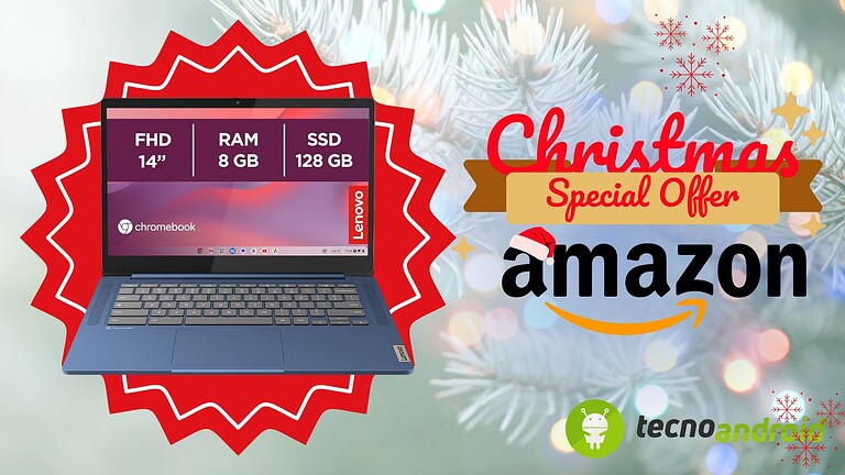 Laptop con tecnologia ChromeBook, schermo 14 pollici, 8GB RAM, 128GB SSD, promozione natalizia su Amazon, giorno delle offerte speciali.