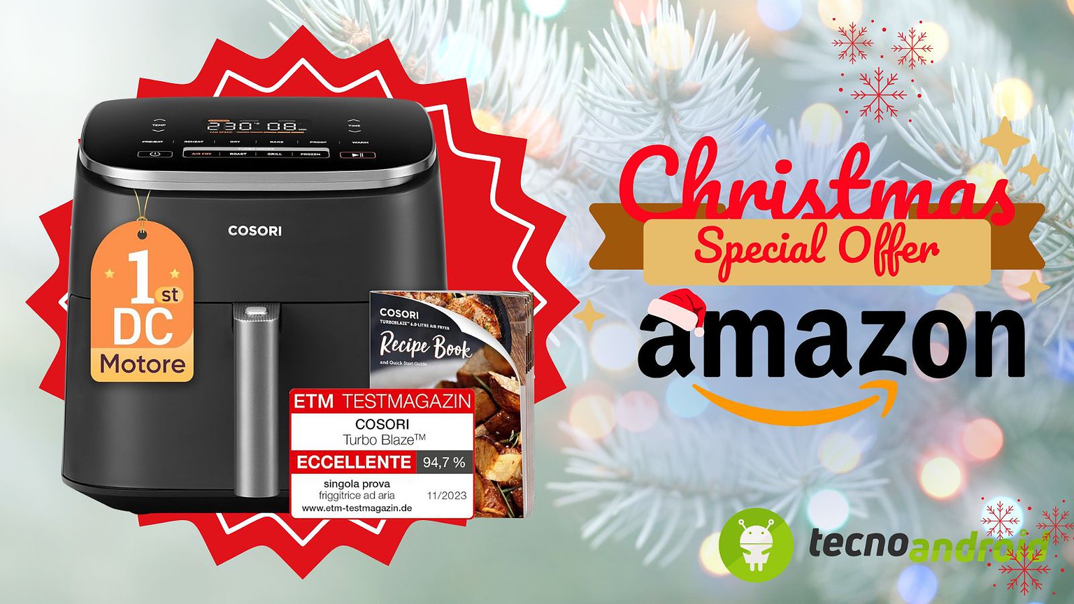 amazon Friggitrice ad aria Cosori con promozione natalizia e sconto su Amazon, perfetta per le feste, con recensioni eccellenti e ricettario incluso, ideale come regalo di Natale.