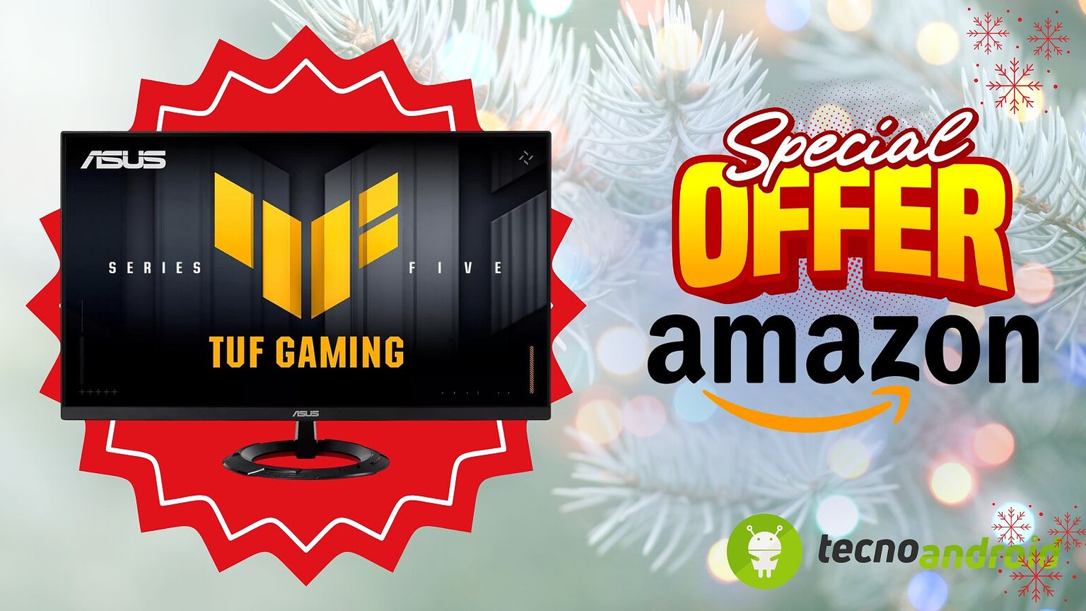 Immagine di un monitor gaming ASUS TUF FIVE da 27 pollici con promozione speciale su Amazon, ideale per gamer e appassionati di tecnologia.