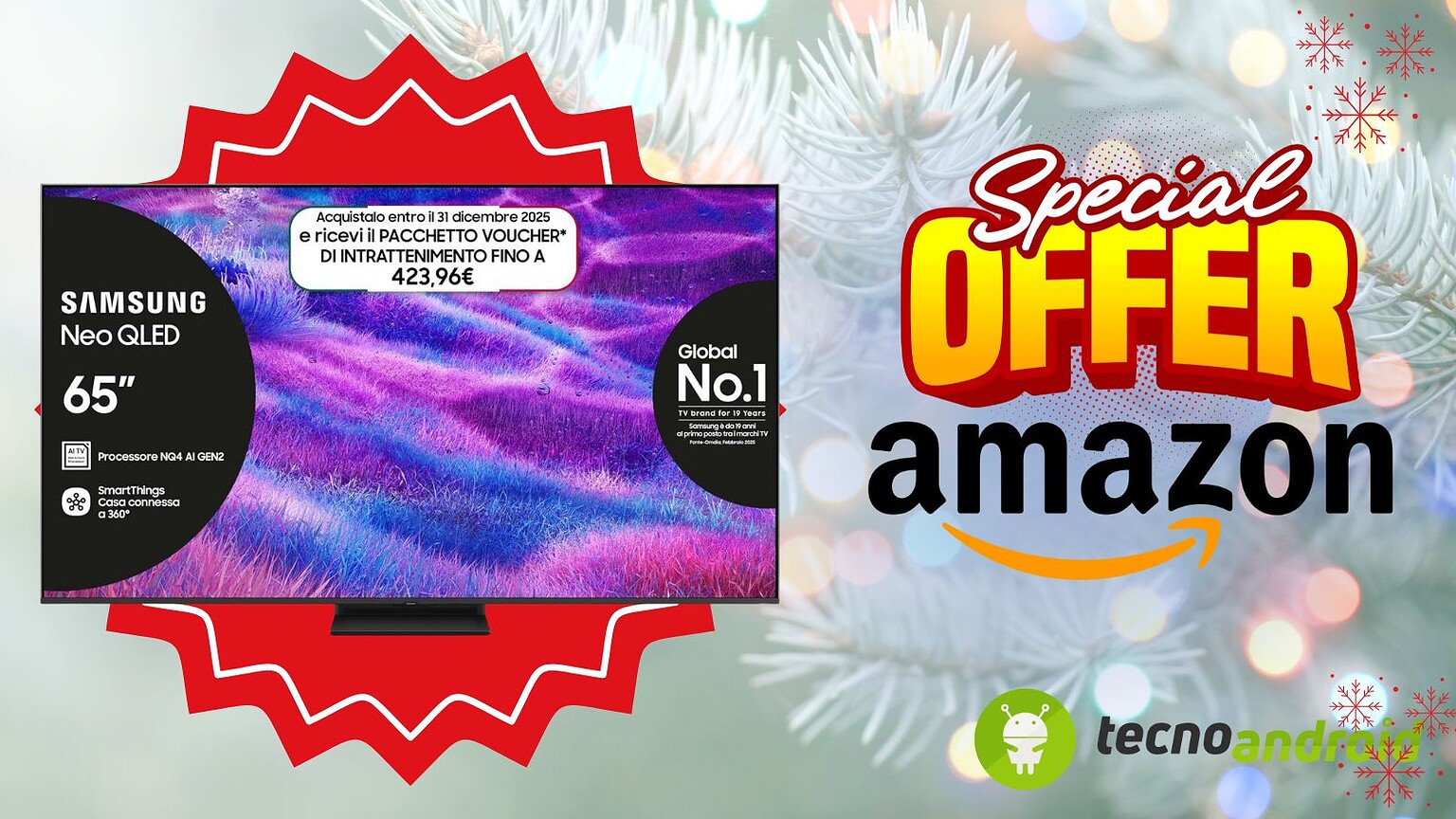 TV Samsung Neo QLED 65 pollici con processore AI, SmartThings e tecnologia AI Quantum Dot, ideale per un’esperienza visiva di alta qualità e connessa, promozione esclusiva su Amazon.