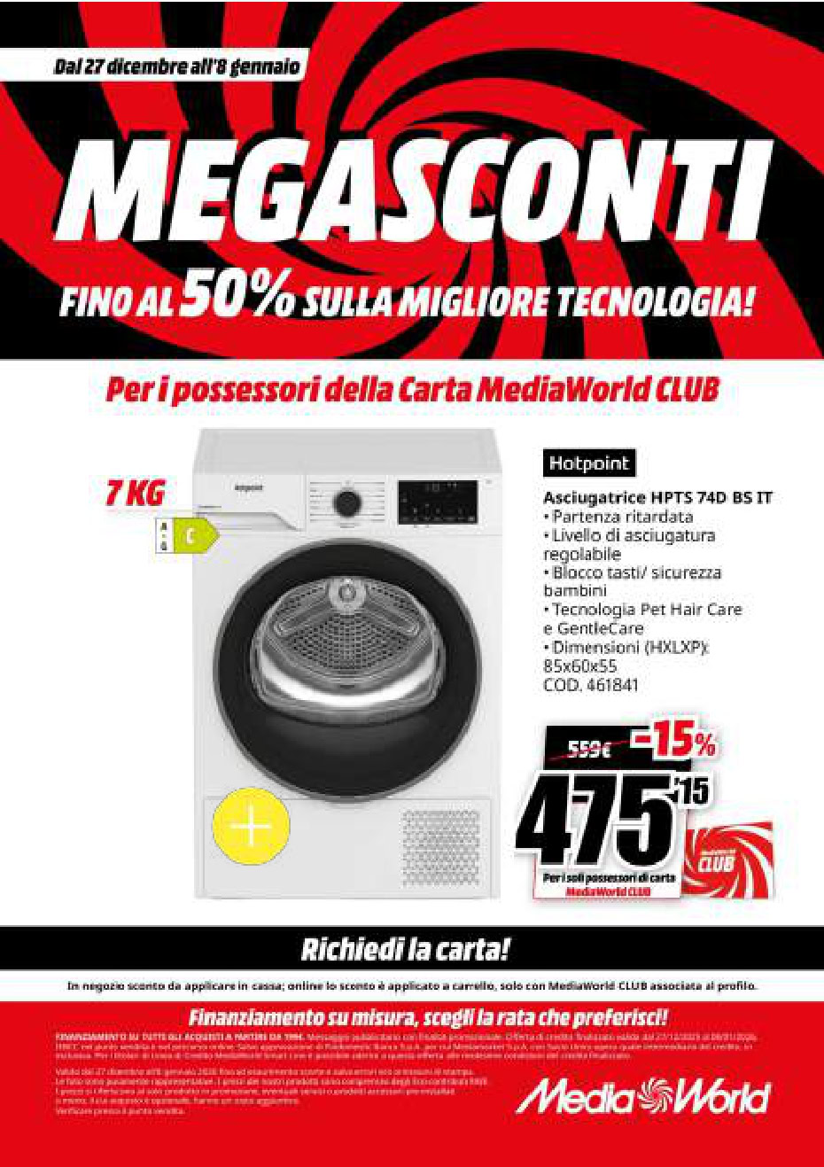 Mega Sconti Elettrodomestici. Immagine di una lavatrice con sconti fino al 50% in offerta mediaworld.