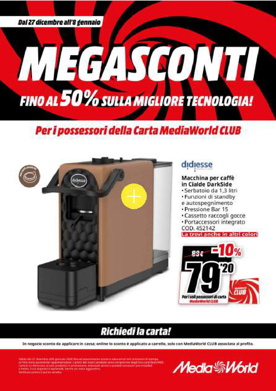MegaSconti tecnologia. Macchina per caffè in DarkSide, serbatoio da 1,3 litri, funzioni di standby e autospegnimento, pressione bar 15, cassetto raccogli gocce, portacessori integrato, colore disponibile.