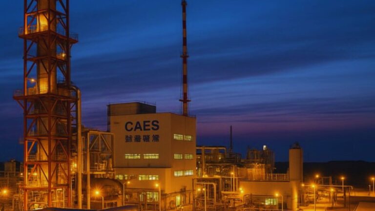 Impianto industriale CAES illuminato di sera con struttura a traliccio e tubazioni, sotto un cielo sereno al tramonto, pubblicato su TecnoAndroid.