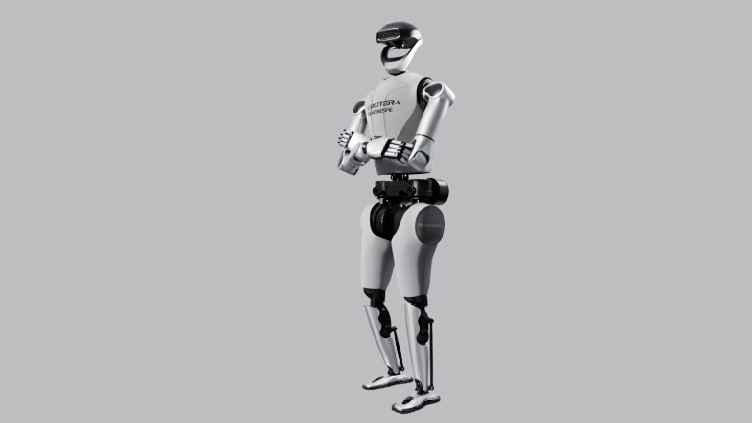 Robot umanoide silver e nero, con braccia articolate e gambe meccaniche, caratterizzato da design moderno e innovativo, perfetto per tecnologia e innovazione.