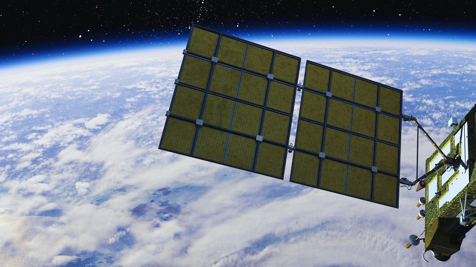 Pannelli solari di un satellite in orbita con la Terra nello spazio, tecnologia avanzata, energia rinnovabile nello spazio, immagine di alta qualità per blog tecnici.