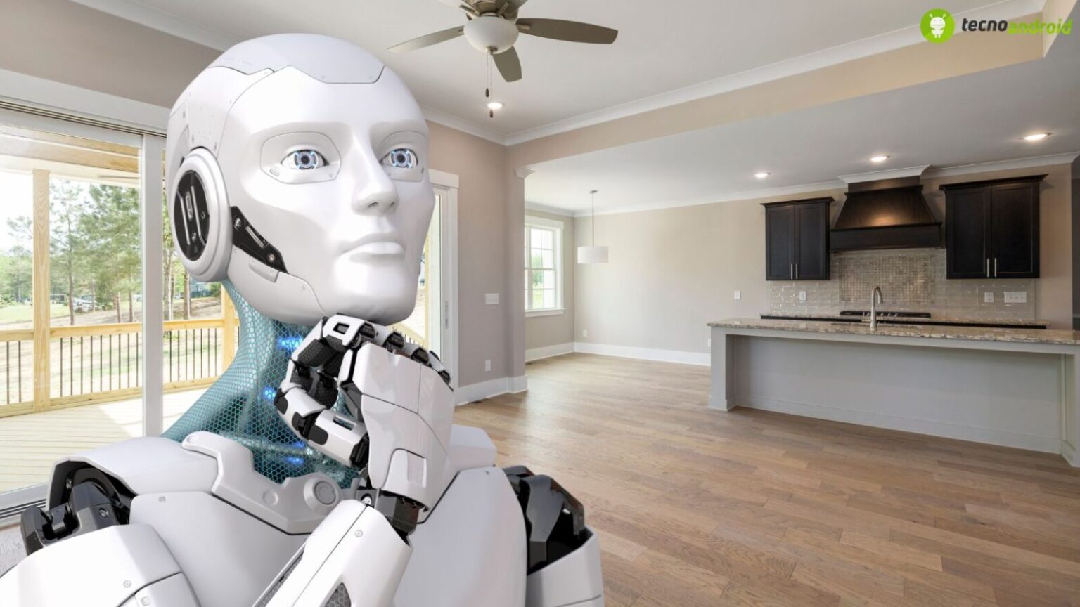Robot umanoide futuristico in ambiente domestico, tecnologia avanzata, case intelligenti, automazione, innovazione robotica, soluzioni smart casa, dispositivi intelligenti, tecnologia futuristica, domotica.