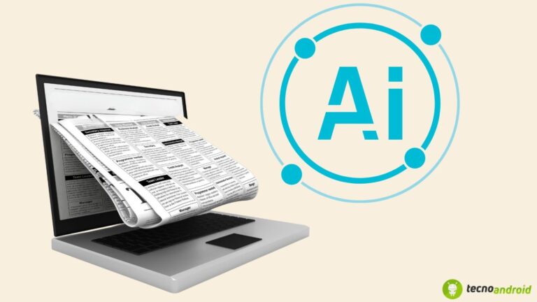 Alt: Immagine in bianco e nero di un computer portatile con un quotidiano cartaceo che emerge dallo schermo, rappresentando l’uso dell'intelligenza artificiale nell'informazione.