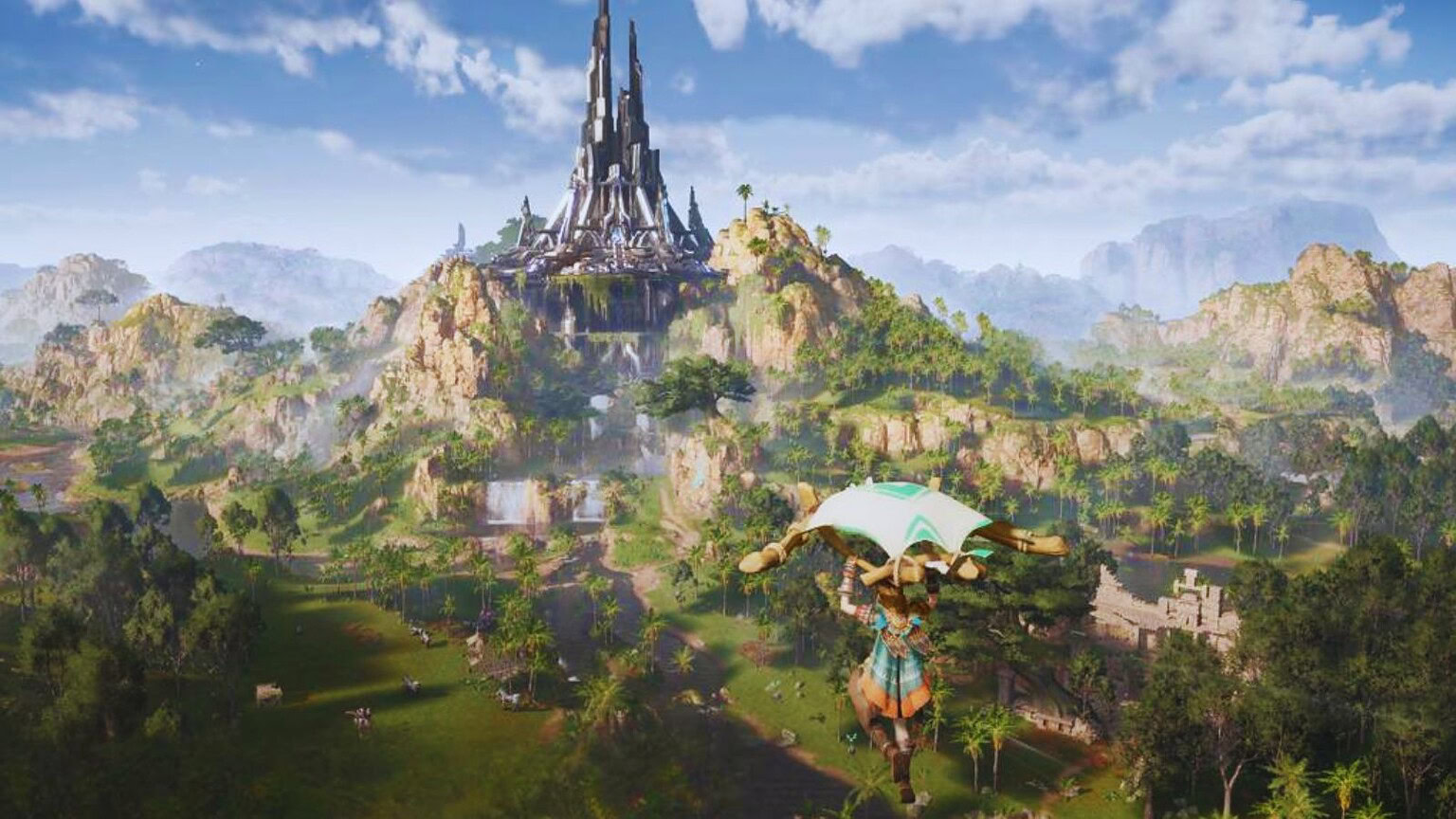 Alt text: Immagine di un castello fantastico situato su una montagna ricoperta di foresta verde, con un cielo azzurro e nuvole, perfetta per appassionati di giochi e tecnologia.