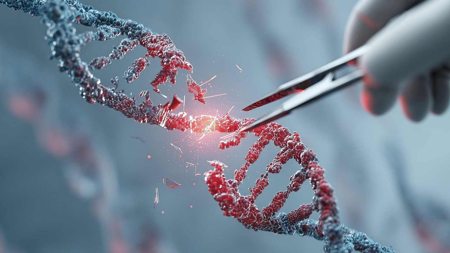 Testo alternativo: Immagine di un DNA a doppia elica in fase di editing genetico, con strumenti di precisione e effetto di illuminazione.