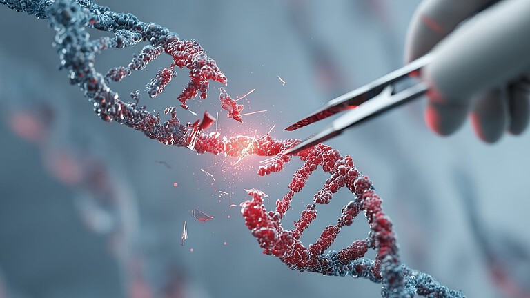 Testo alternativo: Immagine di un DNA a doppia elica in fase di editing genetico, con strumenti di precisione e effetto di illuminazione.
