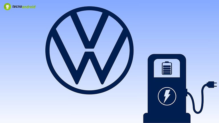 Immagine di una stazione di ricarica per veicoli elettrici Volkswagen con logo VW e pannello di ricarica intelligente.