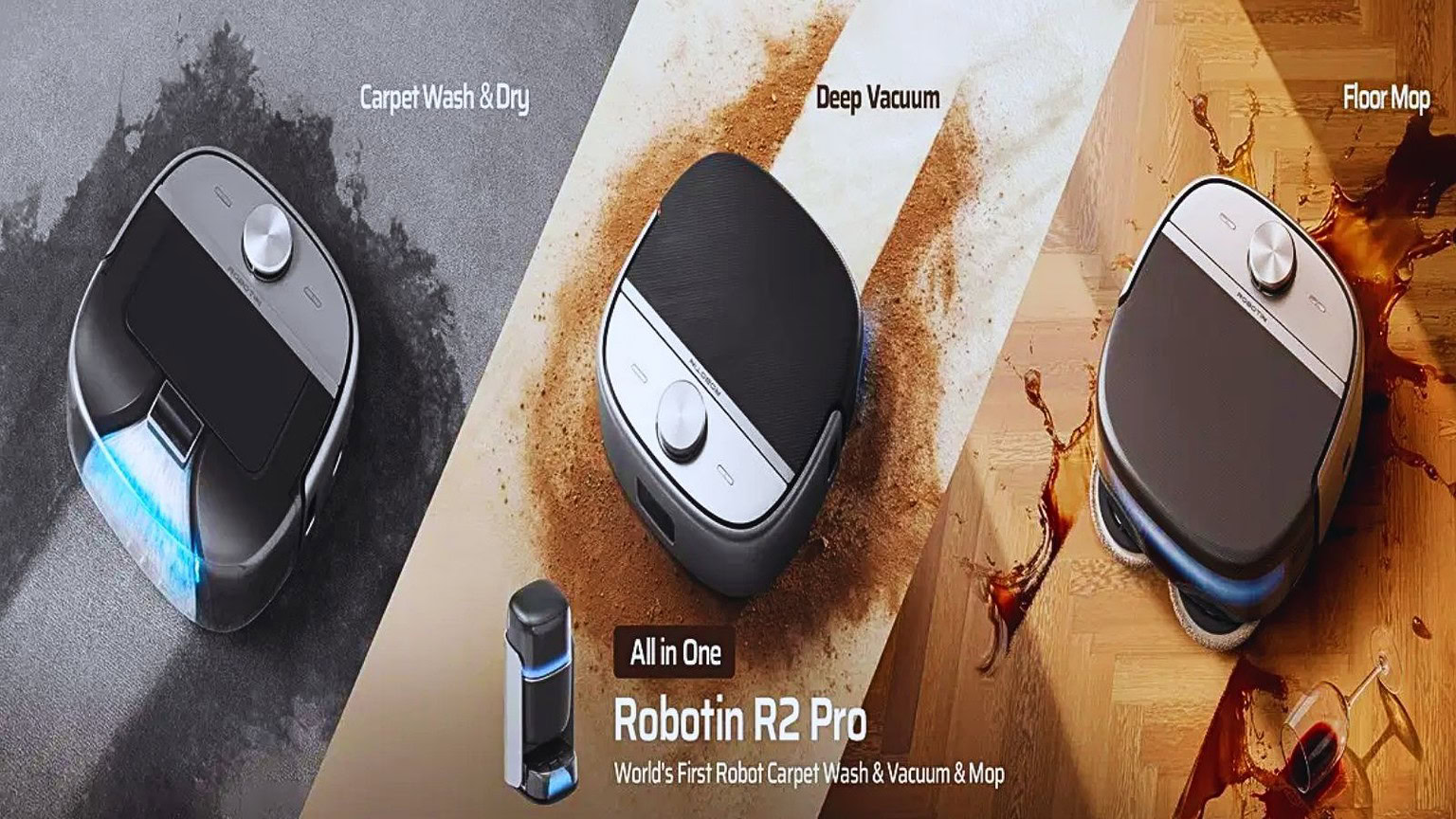 Immagine di robot aspirapolvere Robot R2 Pro con funzioni di lavaggio pavimenti e aspirazione automatica.