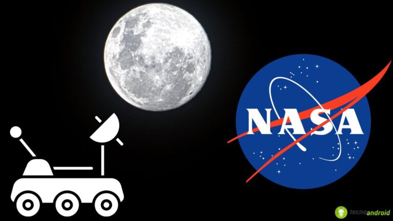 Rappresentazione della luna con logo NASA e veicolo spaziale.