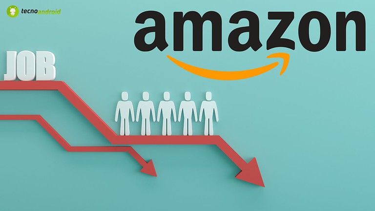Alta qualità di immagini che illustrano il declino di Amazon, con simboli di lavoratori, frecce rosse e la perdita di posti di lavoro, per articoli di tecnologia e tendenze del mercato digitale.