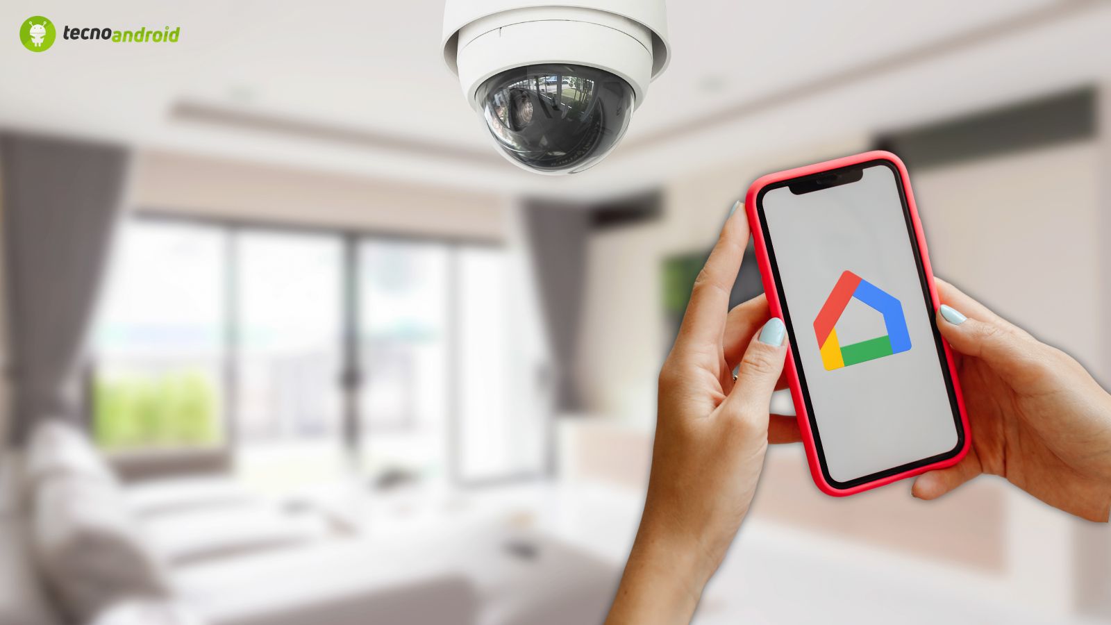 Telecamera di sorveglianza per casa intelligente con app Google Home.
