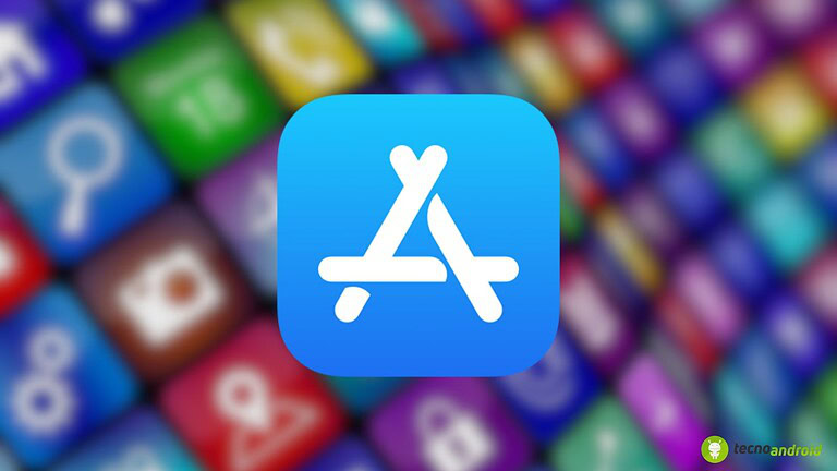 Icona dell'App Store, centrale e nitida, su sfondo sfocato di icone di applicazioni colorate, rappresentando il marketplace di download di app per dispositivi iOS.