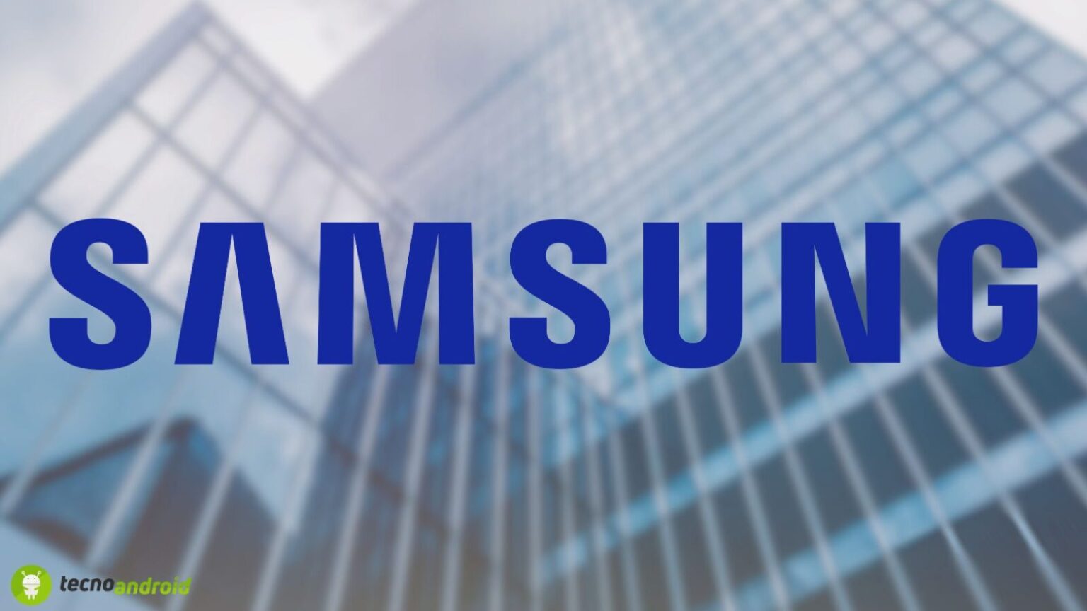 Immagine di un grattacielo con il logo Samsung sovrapposto in primo piano, pubblicizzata come una compagnia leader nel settore tecnologia e smartphone. Ricerca di info su prodotti Samsung come Galaxy, smartphone, dispositivi innovativi e tecnologie avanzate.