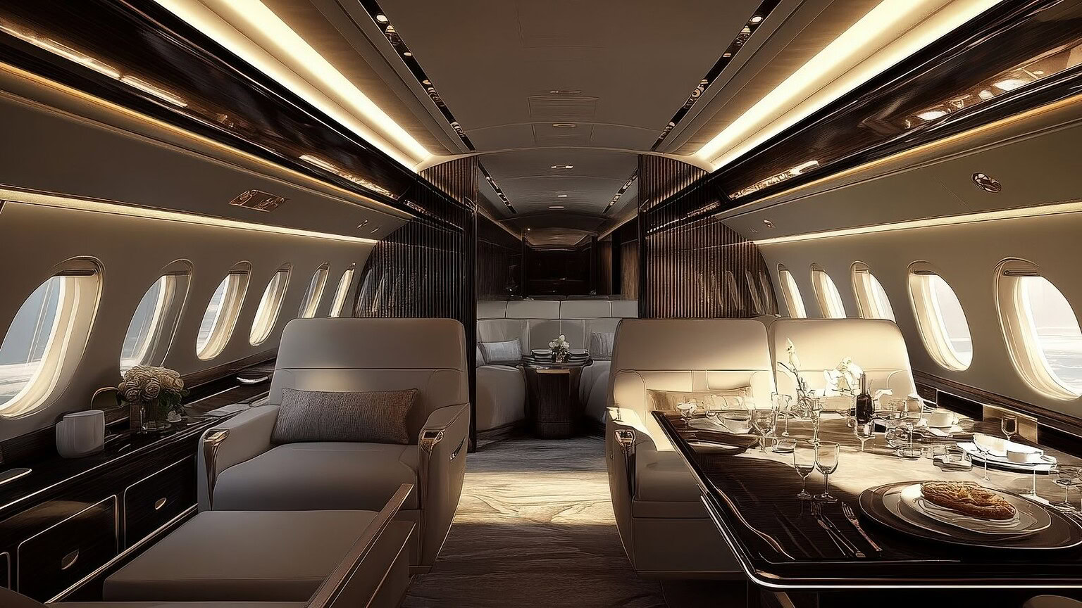 Elegante interno di un jet di lusso con sedili premium e ambiente raffinato, ideale per viaggi di alta classe e business class.