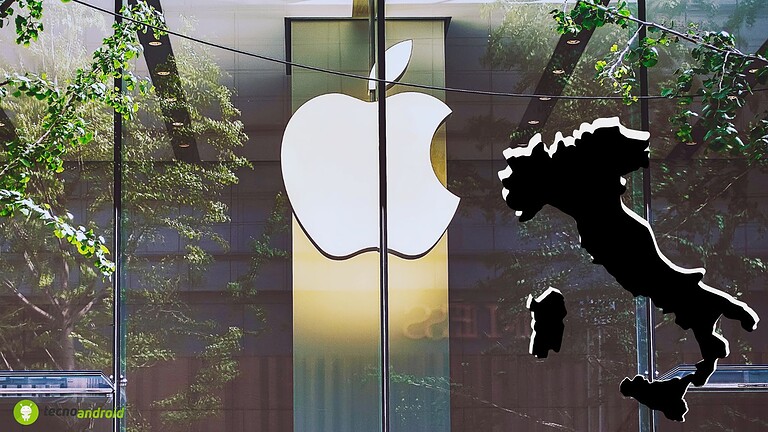 Logo Apple e mappa dell'Italia stilizzata in sfondo di negozio tecnologico a Milano, Italia, rappresentando innovazione e tecnologia Apple in Italia.