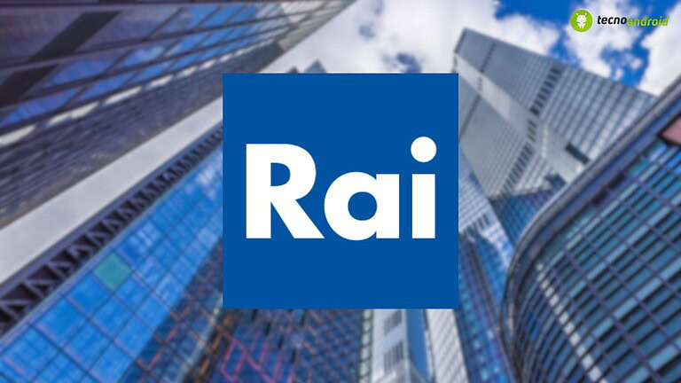 Alt text: Logo di Rai davanti a grattacieli moderni con cielo blu, rappresenta i servizi di informazione e intrattenimento radiotelevisivi italiani.