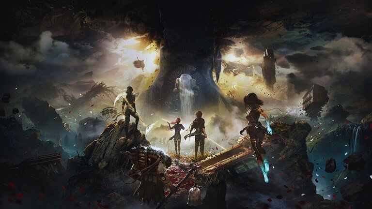 Un'ambientazione epica di fantascienza e fantasy con personaggi armati, scenario di devastazione e un enorme portale misterioso, perfetta per contenuti su giochi, tecnologia e intrattenimento digitale.