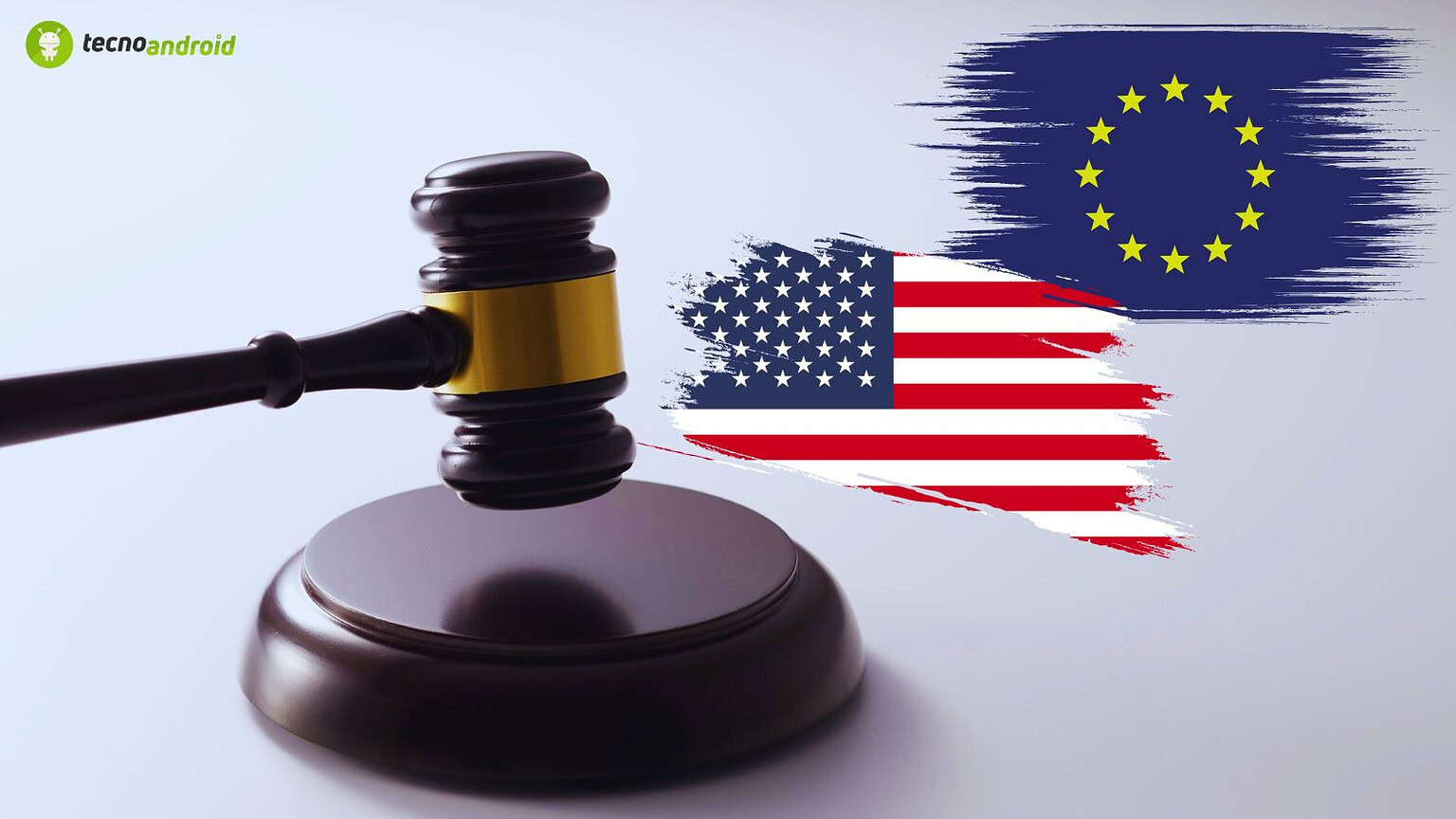 Giudice con martello e bandiere degli Stati Uniti e dell'Unione Europea, simbolo di leggi internazionali e dispute legali tra America e Europa, rappresentando il diritto e la giustizia globale.