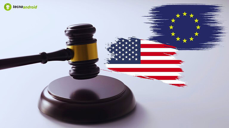 Giudice con martello e bandiere degli Stati Uniti e dell'Unione Europea, simbolo di leggi internazionali e dispute legali tra America e Europa, rappresentando il diritto e la giustizia globale.