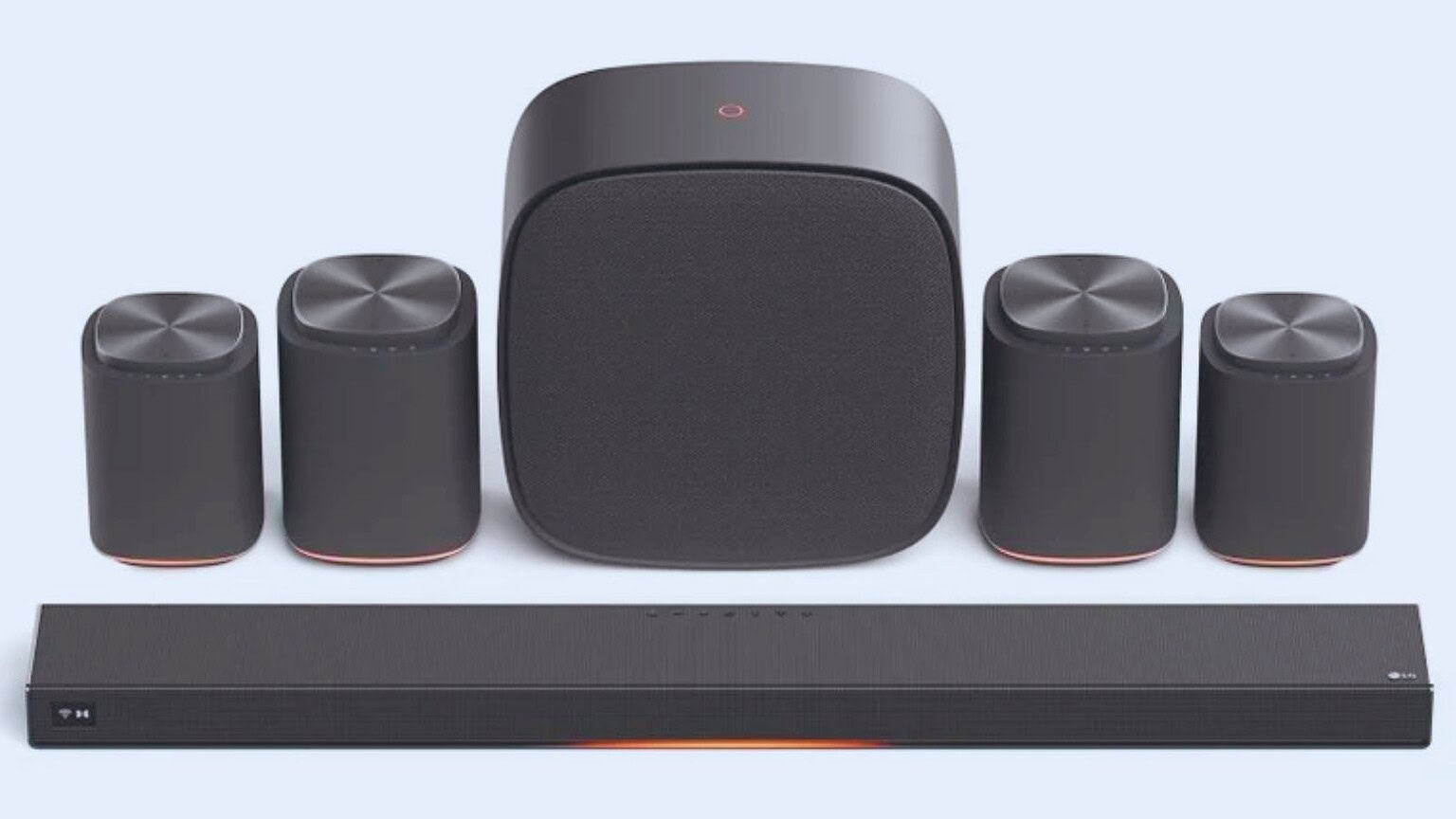 Sistema home theater con soundbar e altoparlanti surround, dispositivo audio di alta qualità ideale per un’esperienza sonora immersiva.