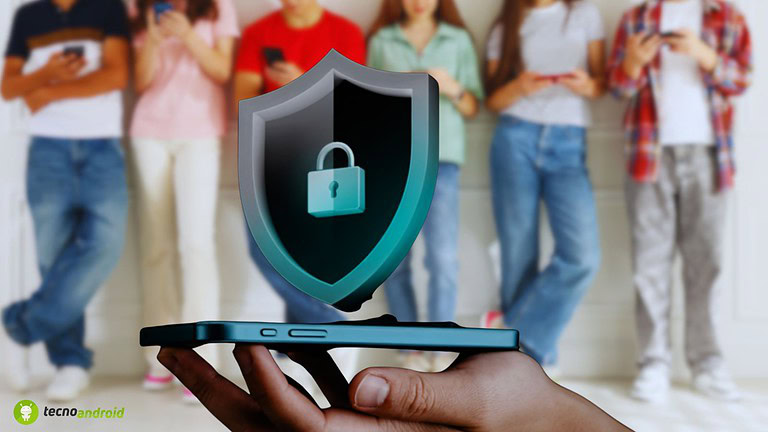 Schermo di protezione per dispositivi mobili con scudo e lucchetto contro minacce digitali.