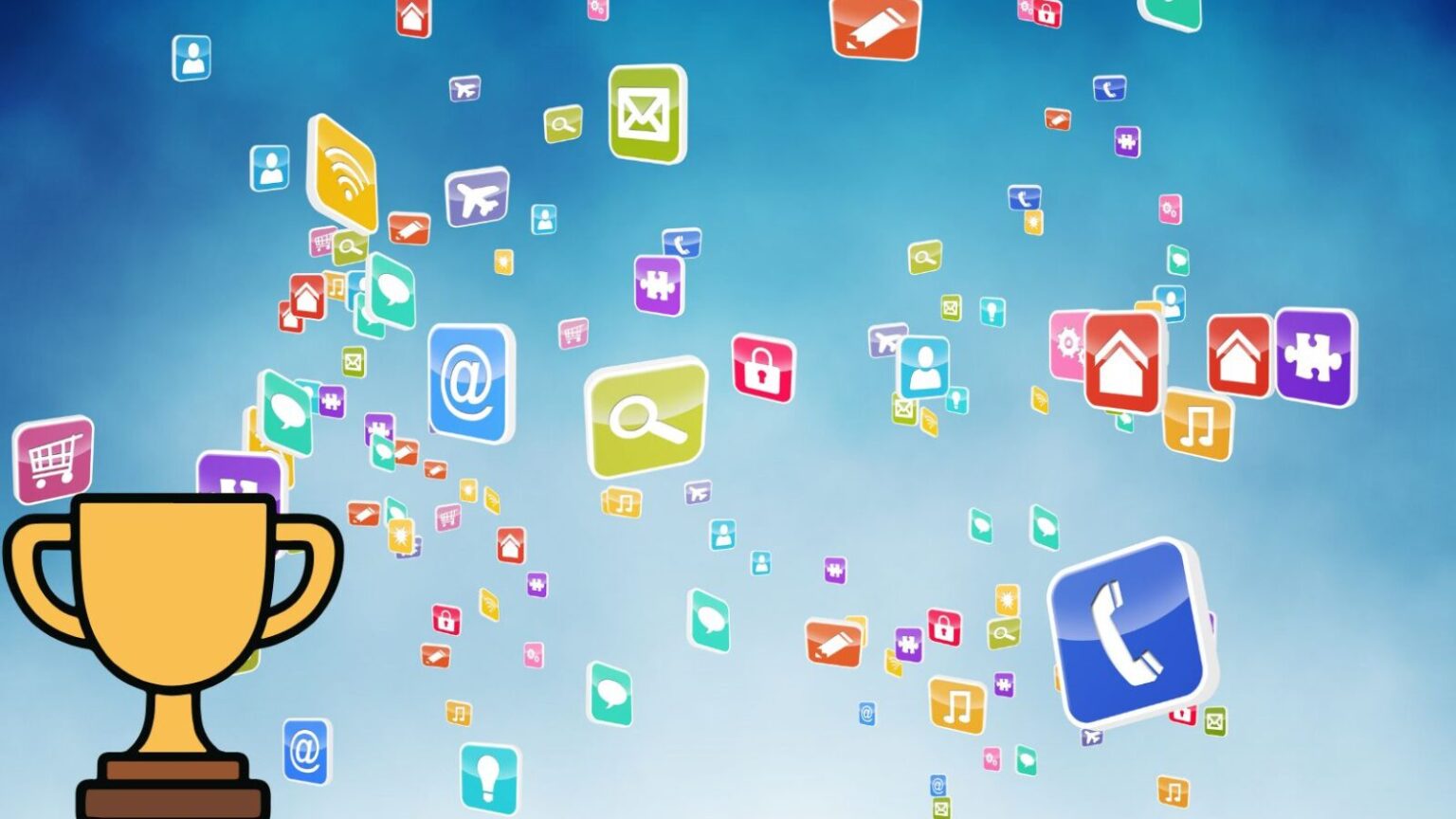 Icone app e icone di social media su sfondo blu, rappresenta smartphone, esplorazione digitale e tecnologie avanzate per smartphone e dispositivi mobili.