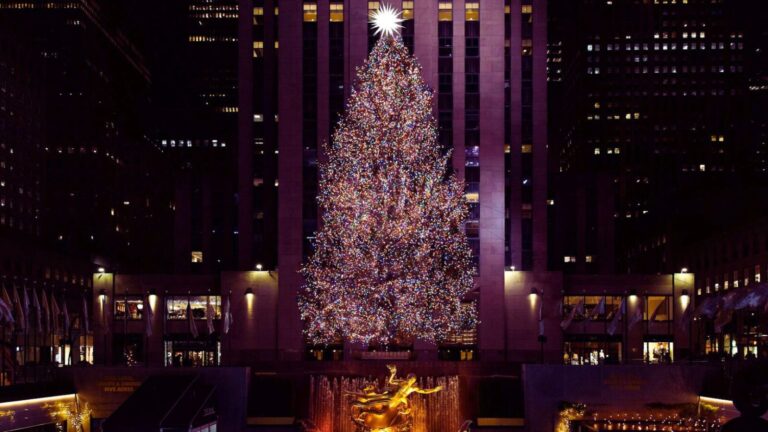 Albero di Natale decorato con luci multicolore in un grande centro urbano, con edifici illuminati sullo sfondo e atmosfera natalizia vivace.