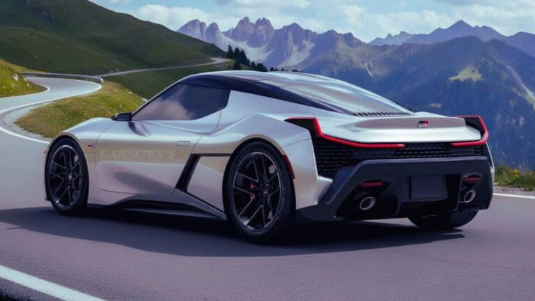 Auto sportiva elettrica su strada di montagna con paesaggio alpino e curve. Design futuristico, alta tecnologia e performance elevate, ideale per appassionati di automobili sportive e innovazione.
