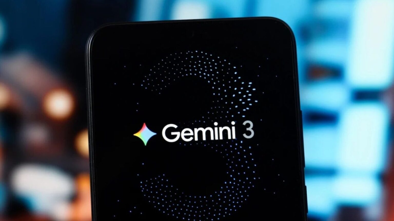 Schermata di un telefono con logo Gemini 3 e grafiche innovative, evidenziando caratteristiche avanzate di telefonia mobile e display di alta qualità.