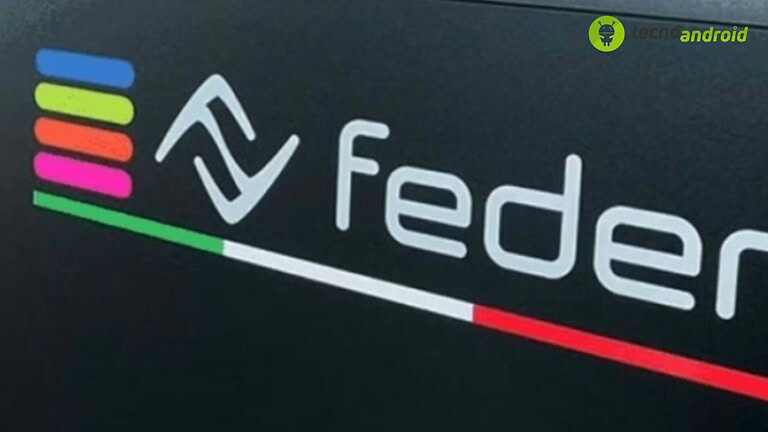 Fotografia di un logo Federmart con colori vivaci e design moderno su sfondo scuro.