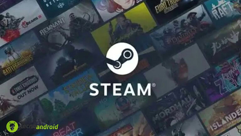 Alt text: Schermo con varie copertine di giochi Steam come Battlefield, Minecraft e altre, con il logo Steam centrale.