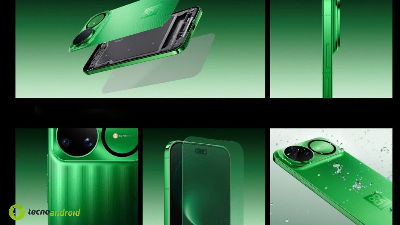 Smartphone verde con fotocamere multiple e tecnologia avanzata. Design innovativo e resistentemente all'acqua, perfetto per gli appassionati di tecnologia e fotografia mobile.