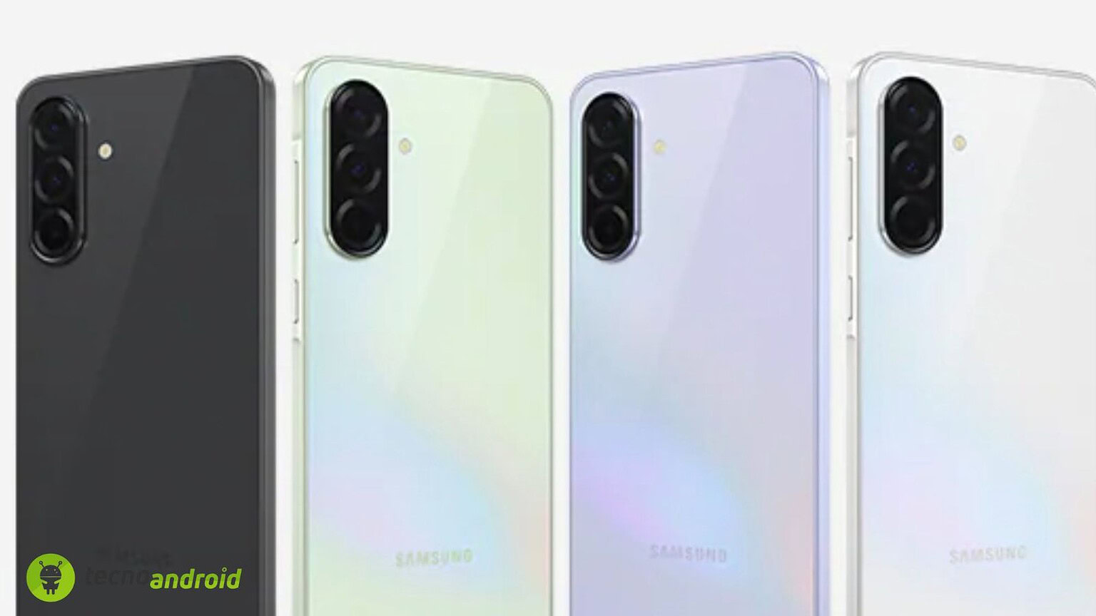 Immagine di quattro smartphone Samsung Galaxy con fotocamere multiple e design elegante, disponibili in vari colori come nero, bianco, verde e viola, ideali per utenti appassionati di tecnologia e fotografia.