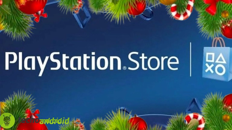 Immagine del logo PlayStation Store con decorazioni natalizie per promuovere offerte di giochi e contenuti digitali durante le festività.