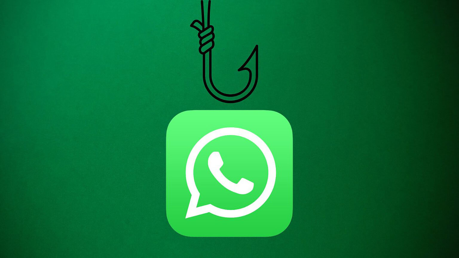 Icona di WhatsApp appesa a un gancio da pesca come avvertimento di rischi online.