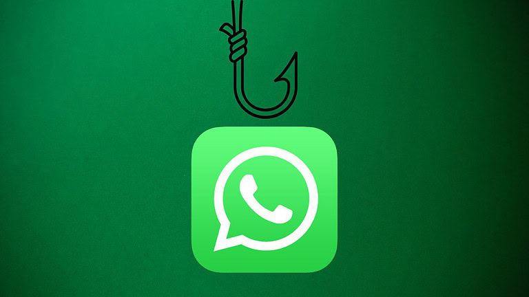 Icona di WhatsApp appesa a un gancio da pesca come avvertimento di rischi online.