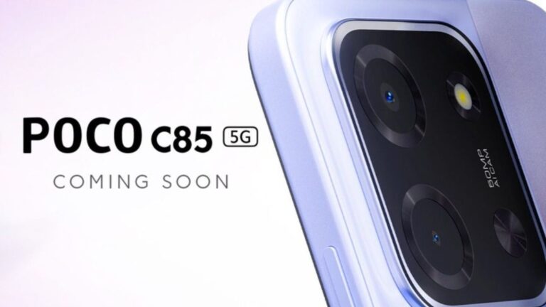 Immagine promozionale di POCO C85 5G, smartphone imminente con design moderno, fotocamere multiple e connettività 5G, perfetto per appassionati di tecnologia e innovazione.