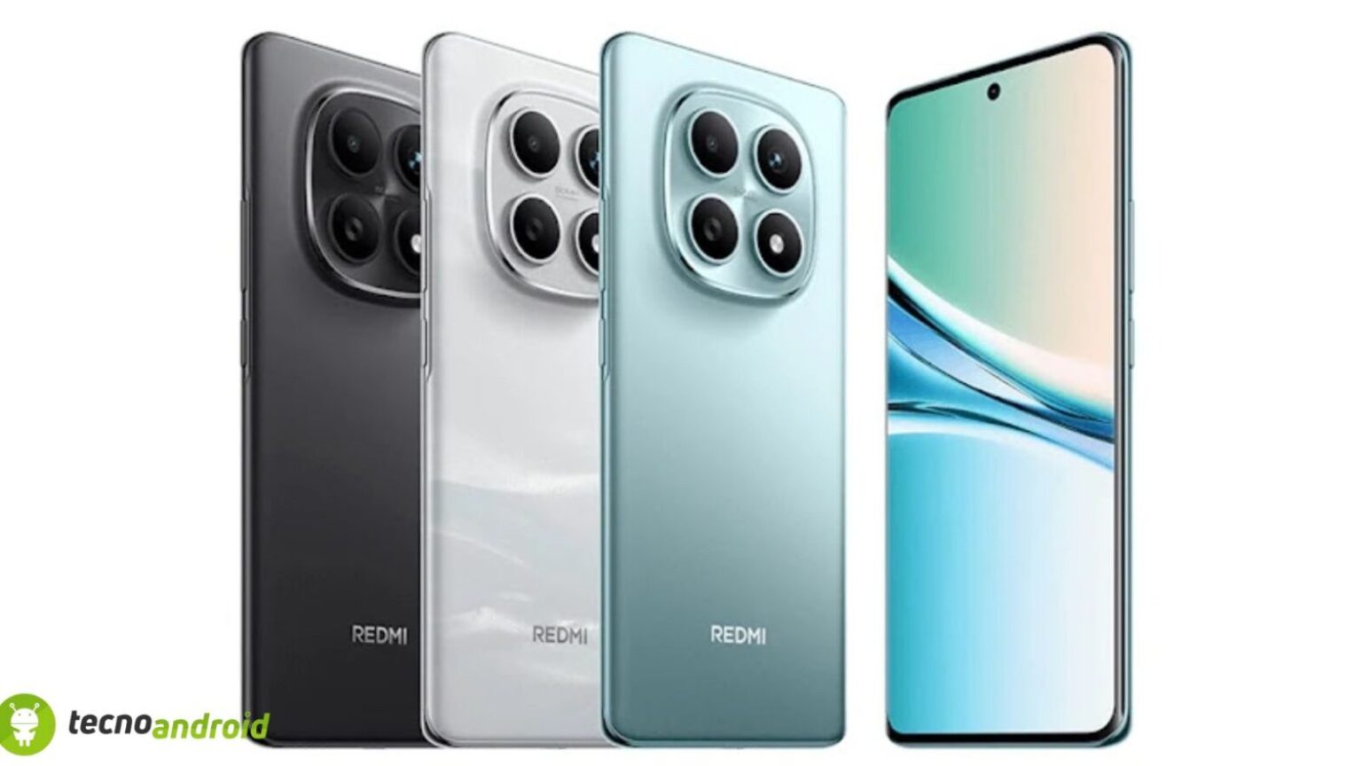 Foto di smartphone Xiaomi Redmi con fotocamere multiple in diverse colori, messo in evidenza con schermo edge-to-edge.